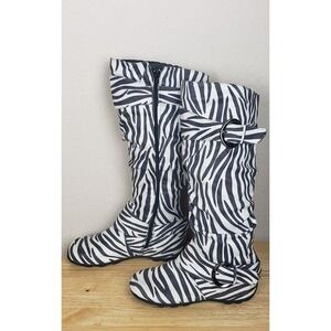 West Blvd Women Zebra Print Tall Boots 8 Buckle Strap Side Zip Knee High Fashion